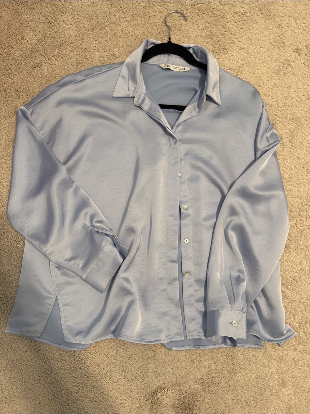 Light Blue Satin Button-Down Blouse